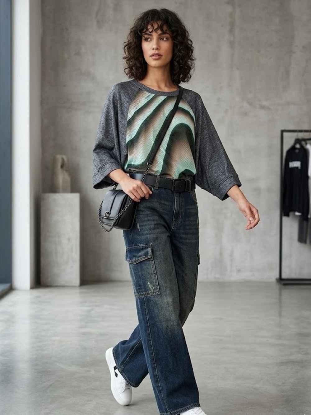 Just Cavalli Green Abstract Mesh Raglan Top - Size M